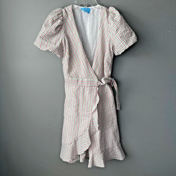 Draper James RSVP Wm XS Pink Green Striped Seersucker Puff Sleeve Wrap Dress - Picture 1 of 4